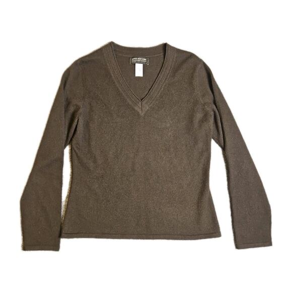 100% Cashmere V-Neck Sweater JONES NEW YORK Lightweight Womens M petite Black - Picture 1 of 3